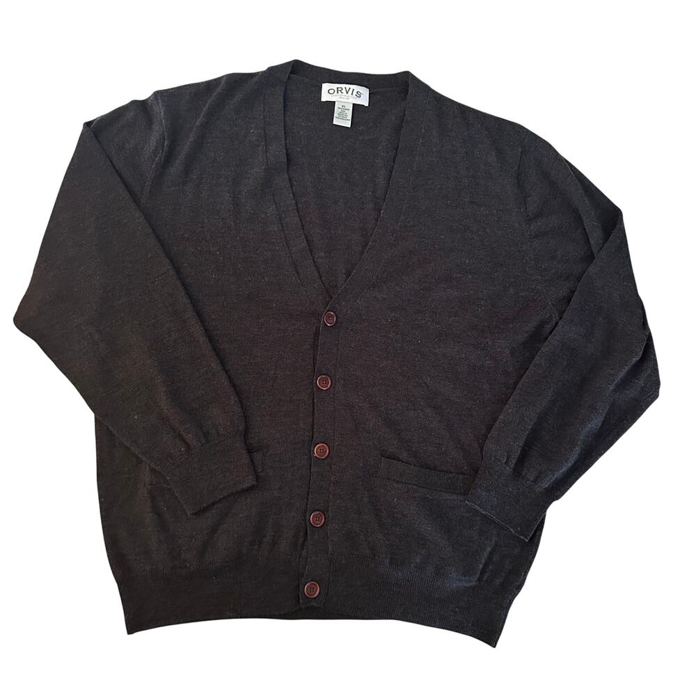 Orvis Men's V Neck XL Charcoal Gray 100% Merino Wool Cardigan Grandpacore